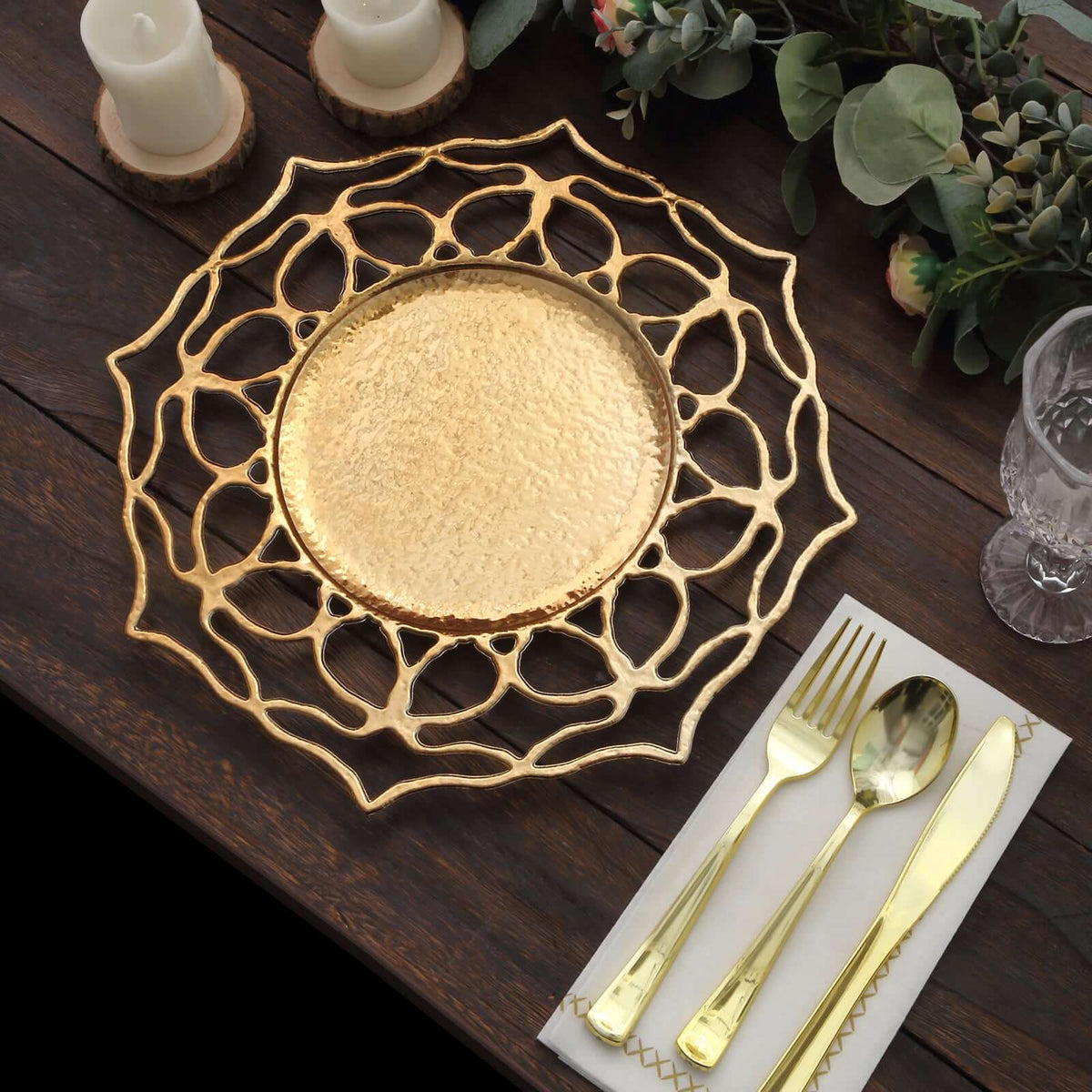 6-Pack Acrylic Charger Plates 13" Round Gold Floral Cutout Design - Hollow Flower Plastic Decorative Dinner Party Charger Tableware